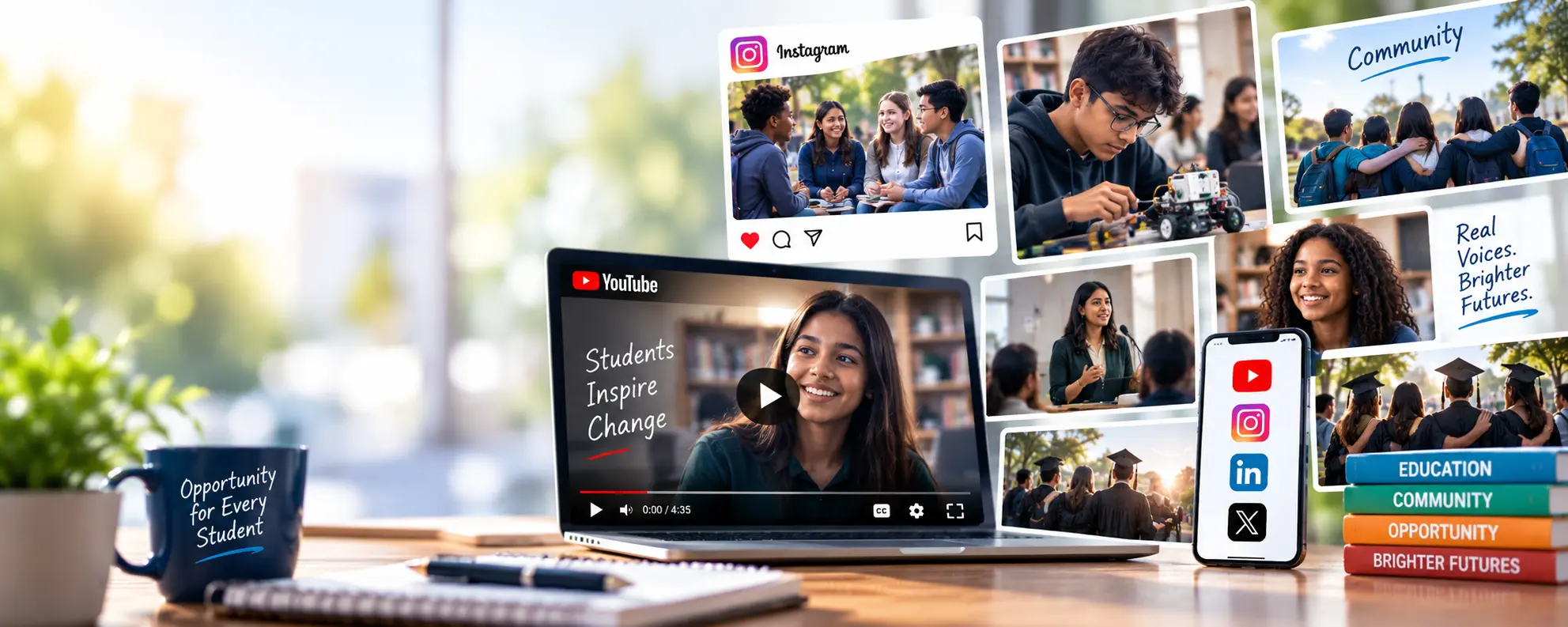 Stories and videos displayed across a laptop and phone